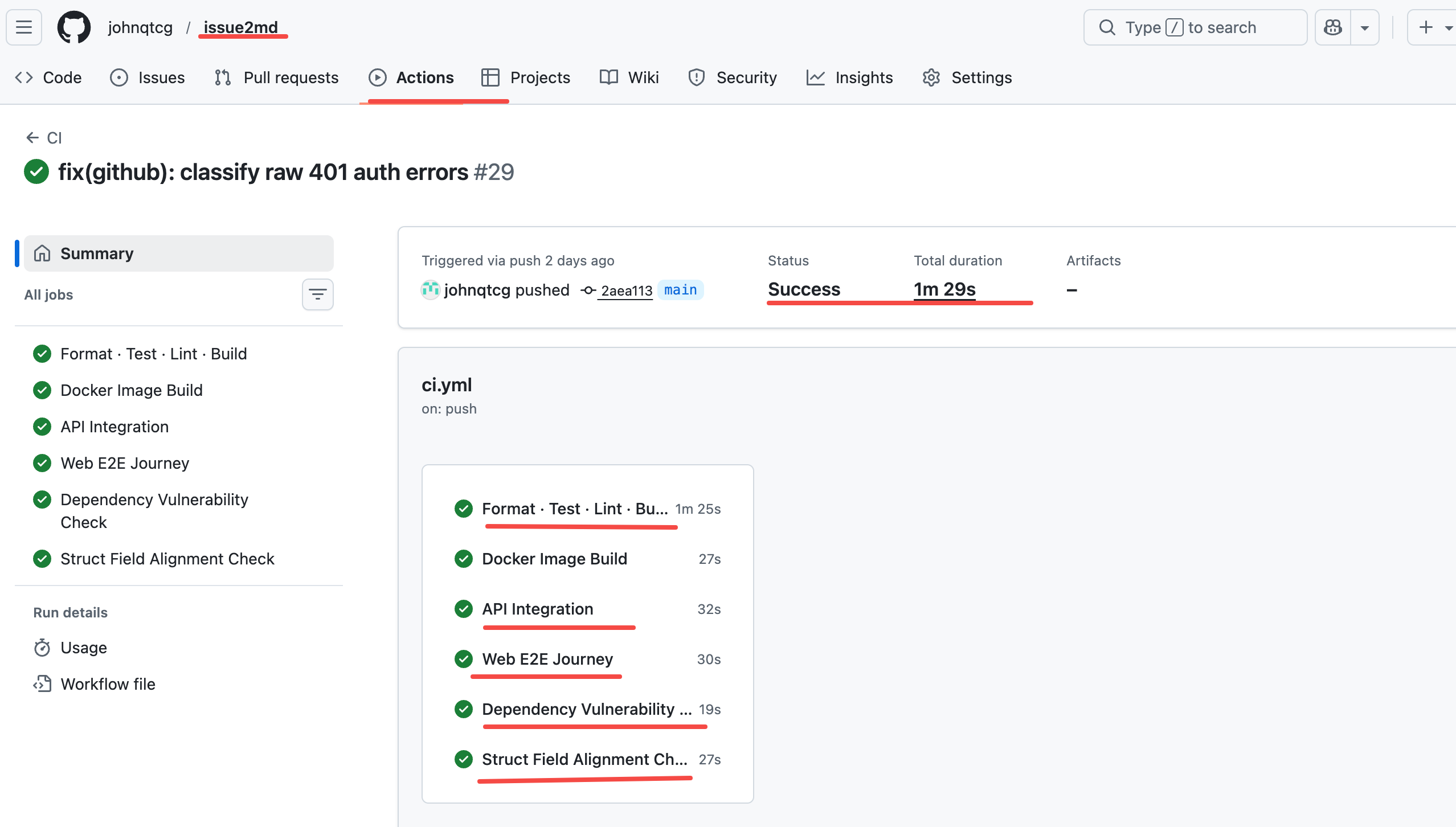 issue2md CI pipeline: triggered by the fix(github) commit from §8.1, all 6 jobs passed in 1m 29s
