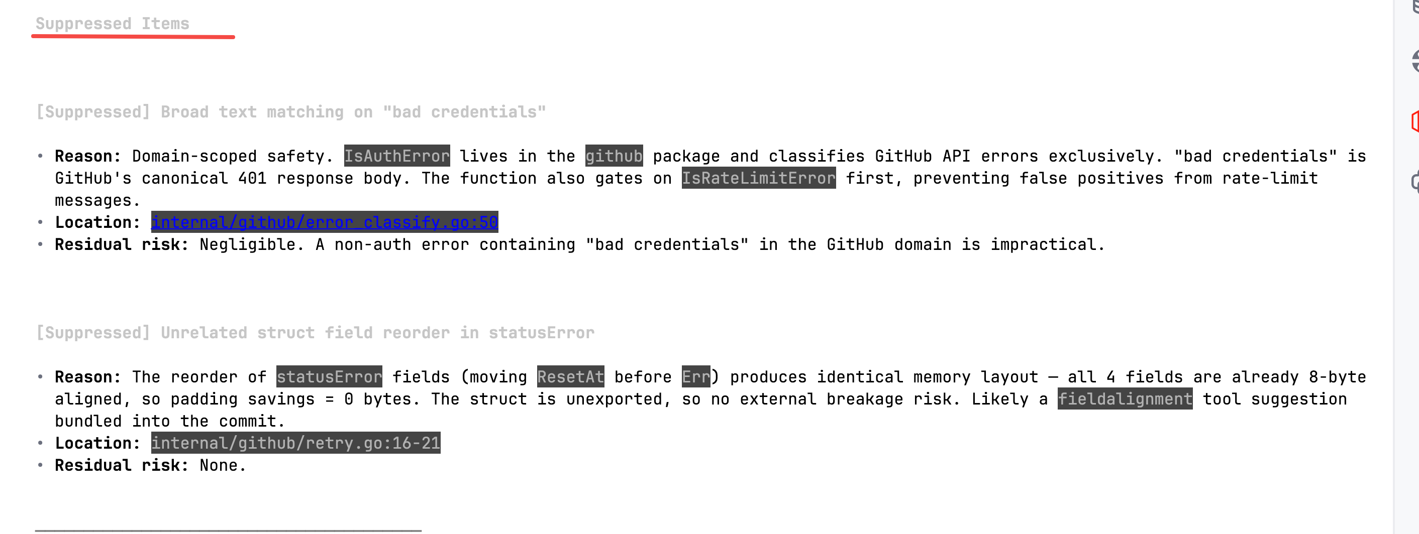 go-code-reviewer 实际审查中的 Suppressed Items：两个假阳性被自动抑制并给出领域推理